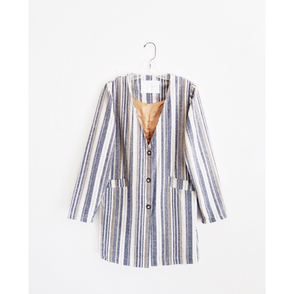 A/Line Beige Blue Ecru Stripe Long Blazer sz M